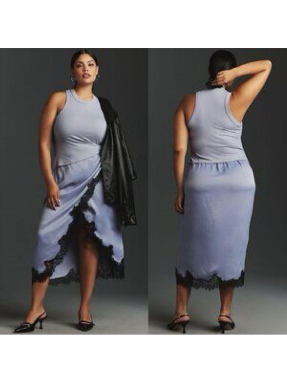 Anthropologie Lavender Midi Skirt with Black Lace Trim- top attached.